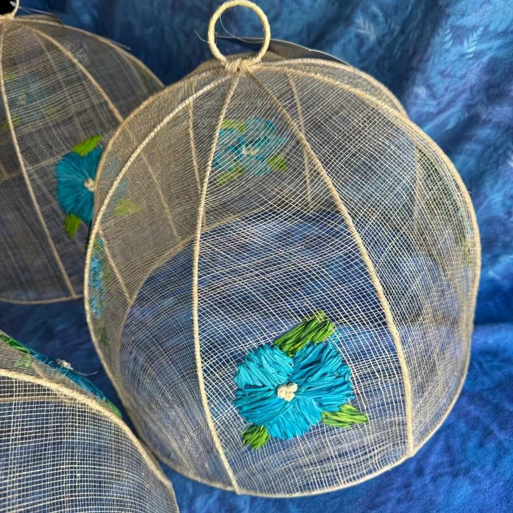 Handcrafted Philippines Mesh Food Covers 4pc Blue Floral Woven Sinamay Albaca